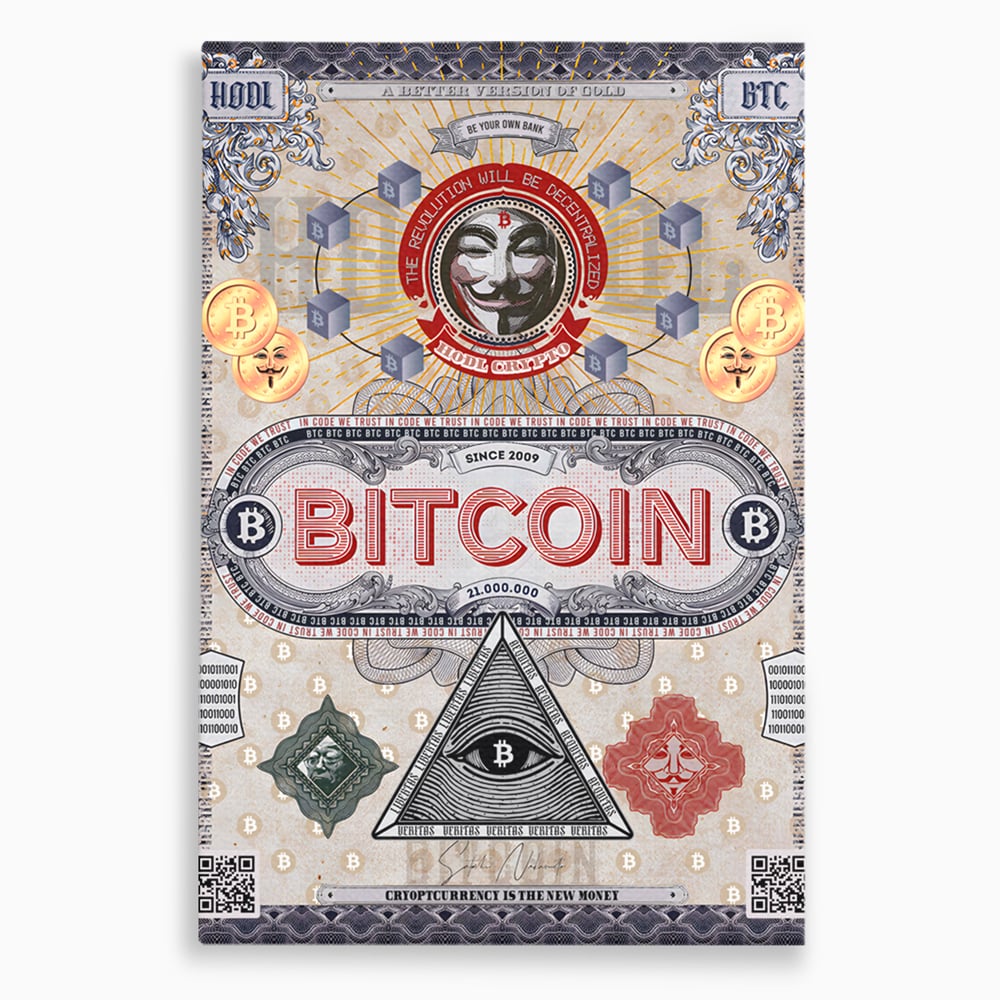 Tablou canvas cu ilustratie digitala cu tema bitcoin si criptomonede, fara rama, pe sasiu de lemn